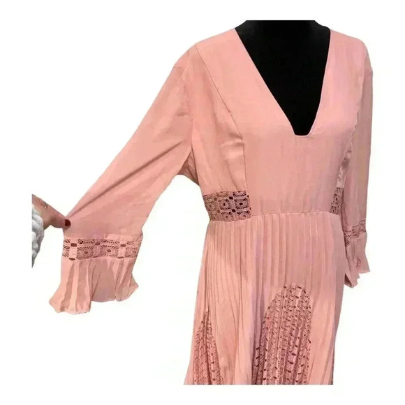 ASOS NWT Rose Pink Lace, Ruffle, Pleating Details Long Sleeve Midi Dress - Picture 15 of 15